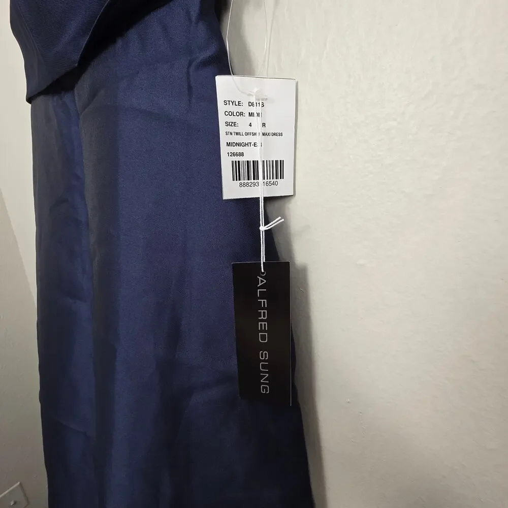 NWT Alfred Sung Off The Shoulder Draped Wrap Satin Maxi Dress Midnight Navy 4R - Picture 3 of 11